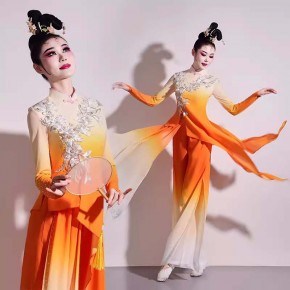 Women orange gradient chinese folk dance costumes ancient traditional  fairy princess hanfu yangge umbrell fan dance clothes for female